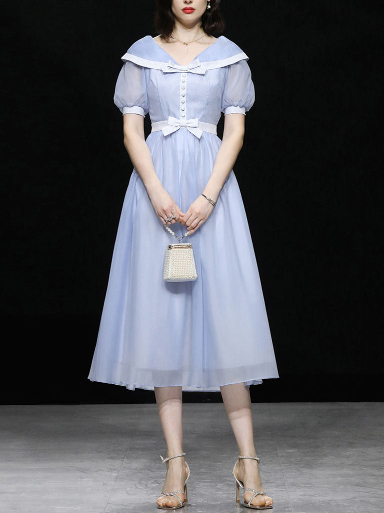 Baby Blue Big Shawl Collar Sweet Bow Vintage Princess Dress, Blue / XS Baby Blue Big Shawl Collar Sweet Bow Vintage Princess Dress, Blue / XS