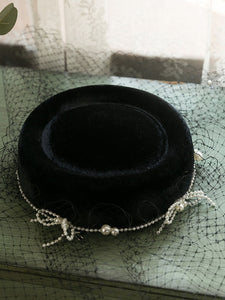 Black 1950S Pillbox Pearl Hat With Tulle