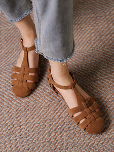 Women's Flats Sandals Piont Toe Hollow Belt Leather Vintage Shoes