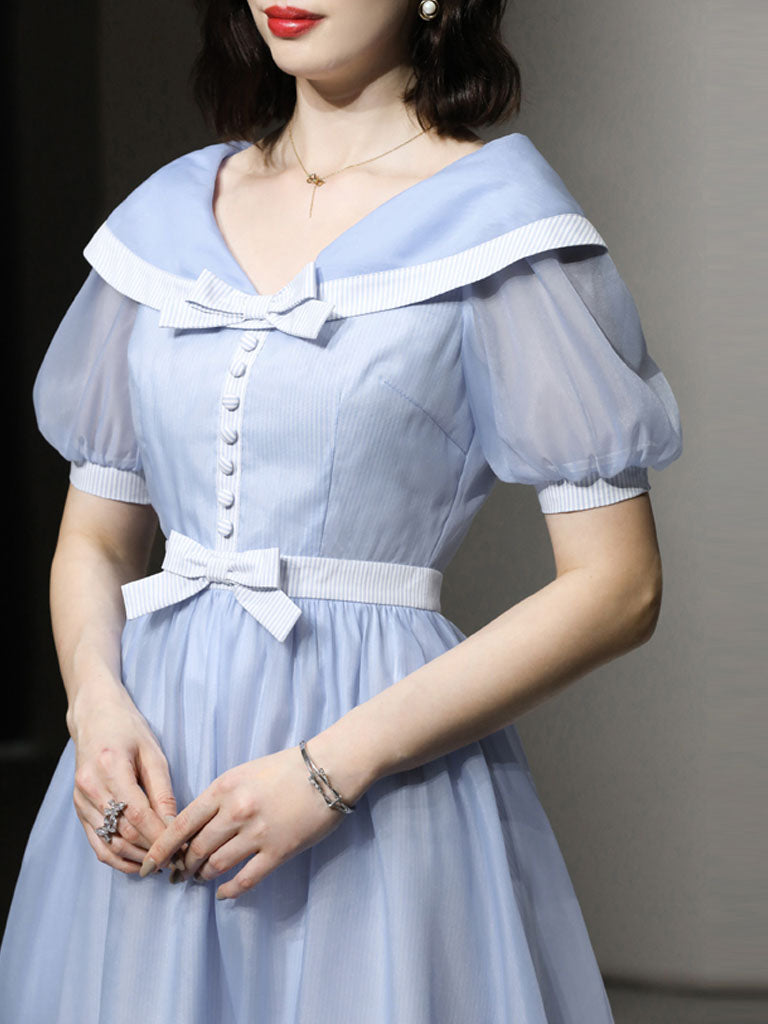 Baby Blue Big Shawl Collar Sweet Bow Vintage Princess Dress, Blue / Xs