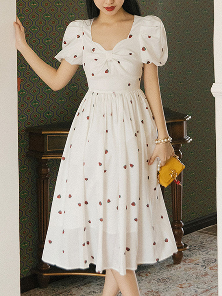 White Strawberry Bow Sweet Heart Collar Puff Sleeve Swing Fairy Dress White Strawberry Bow Sweet Heart Collar Puff Sleeve Swing Fairy Dress