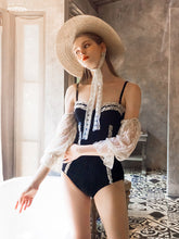 Load image into Gallery viewer, Black And White Lace Cold Shoulder Ruffles Swimsuit With Long Sleeve One Piece Swimwear