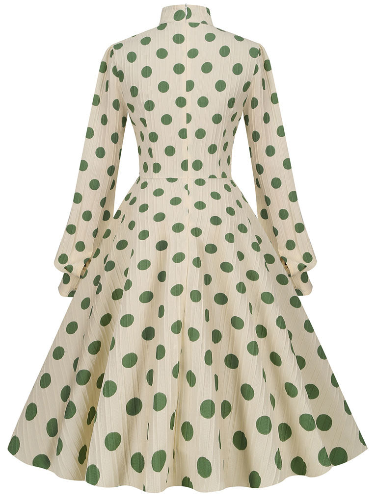 Retro Glamour Dress 1950s Audrey Hepburn Style High Collar Bows Long Sleeves Woman's Medium Polka Dot Swing Dress Retro Glamour Dress 1950s Audrey Hepburn Style High Collar Bows Long Sleeves Woman's Medium Polka Dot Swing Dress
