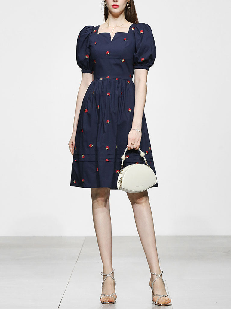 navy puff sleeve mini dress Navy Embroidered Vintage Square Neck Puff Sleeve Mini Dress, Navy / L