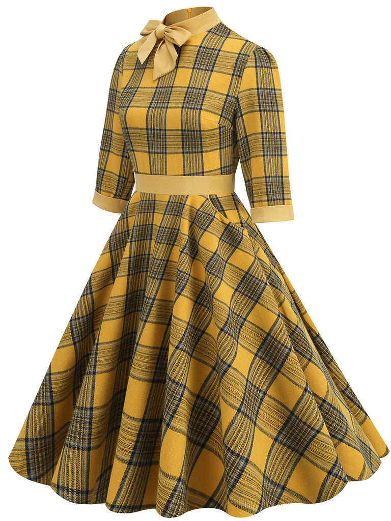 vintage 50 dresses Zapaka Women Floral 1950s Dress Light Blue V Neck Swing Retro Dress, Light Blue / 2XL is comfy and easy for movement Big BowKnot Plaid 3/4 Sleeve