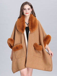 Poncho Knitwear Women Faux Fur Coat Shawl Collar Sweaters