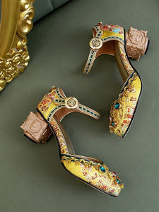 Luxurious Rhinestone Embroidery Floral Block Heel Ankle Strap Vintage Shoes