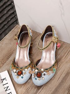 Luxury Floral Gem Studded Heels Ankle Strap Vintage Wedding Shoes