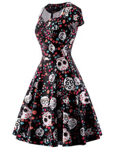 Load image into Gallery viewer, Halloween Red Skull Printed V Neck Vintage Dress