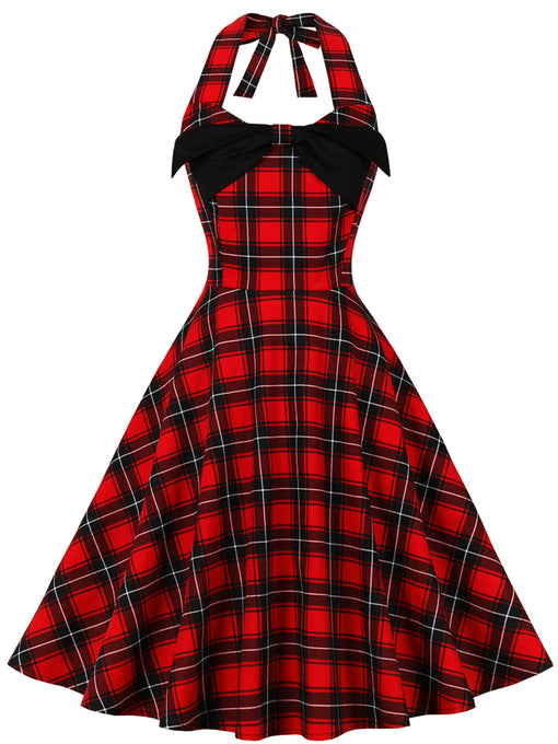 Plaid Off the Shoulder High Waist Halter 1950 Dress