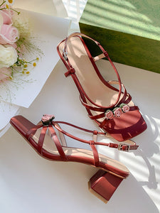 Women's Low Heel Sandals Square Toe Rose Leather Vintage Shoes