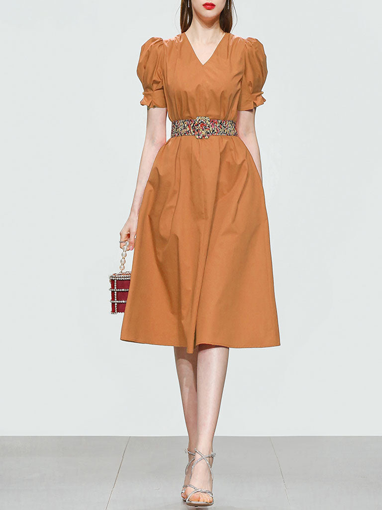 Orange V Neck Puff Sleeve Audrey Hepburn Style 50s Vintage Dress with Belt, Orange / Xs