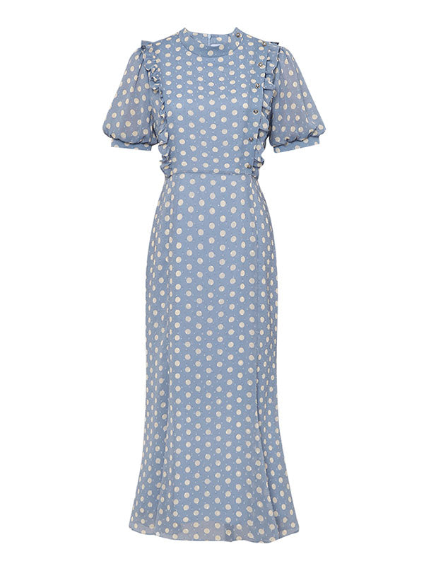 Blue Polka Dots Puff Sleeve Vintage Chiffon Dress, Purple / XL