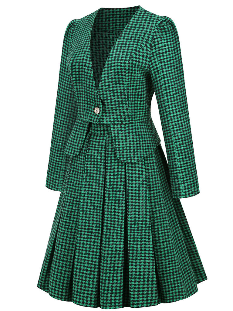 1950S Green Houndstooth Long Sleeve Vintage Blazer Swing Dress Set  Jolly  Vintage
