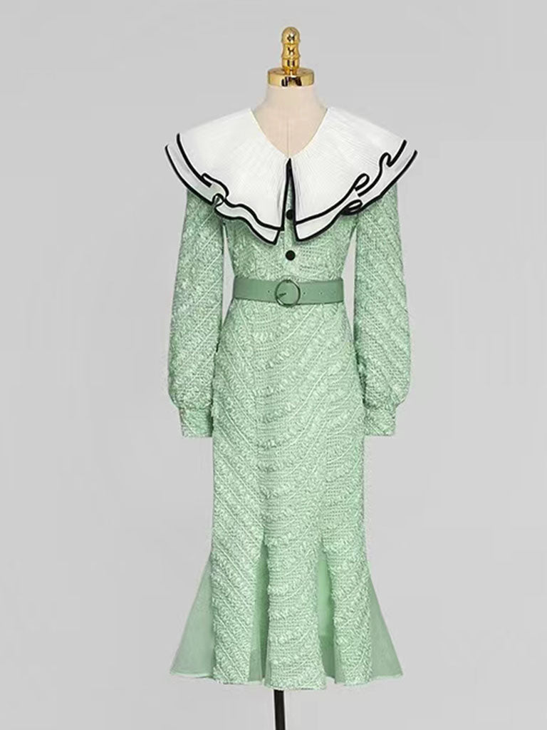 Pea Green Layered Ruffle Collar Knit Mermaid Dress Pea Green Layered Ruffle Collar Knit Mermaid Dress