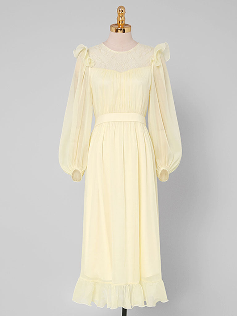 Yellow Ruffles Collar Long Sleeve 1950s Vintage Dress, Yellow / L