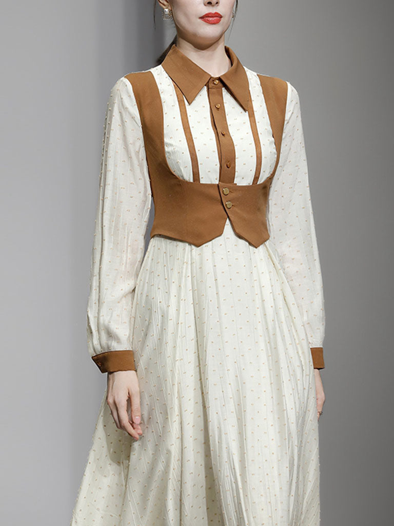 1950s Apricot Polka Dots Fake Two Piece with Khaki Vest Vintage Dress, Apricot / L