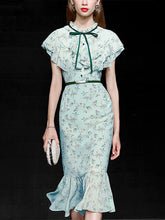 Load image into Gallery viewer, Light Green Butterfly Sleeve Ruffles Floral Vintage Mermaid Dress