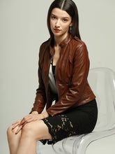 Load image into Gallery viewer, Brown Long Sleeve PU Leather Soft Jacket For Women