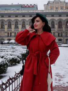 Christmas Red Women's Winter Coat Long Sleeve PeterPan Collar