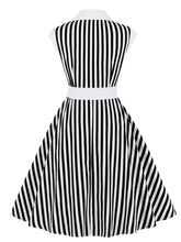 Load image into Gallery viewer, Beetlejuice Costume Black and White Vertical Stripe Swing Dress With Tie