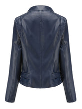Load image into Gallery viewer, Navy Long Sleeve PU Leather Motorcycle Jacket