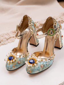 10CM Luxury Flower Chunky Heels Retro Shoes
