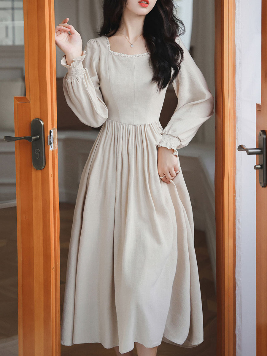 2PS White Long Sleeve Ruffles Cottagecore Dress With Brown Embroidered Vest Suits, Brown / S