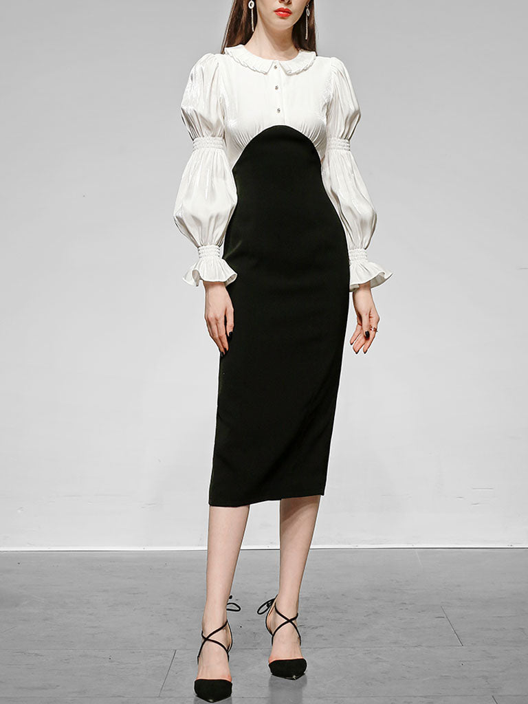 White Peter Pan Collar Long Sleeve Fake Two Piece Little Black Dress, White / M