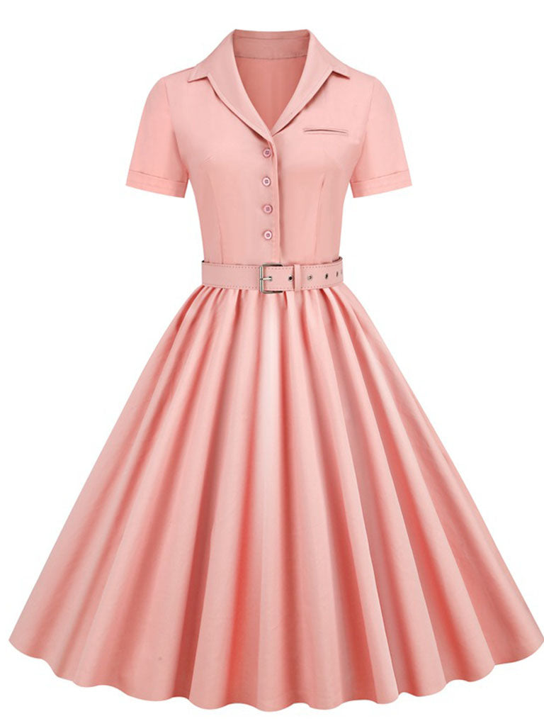retro dresses 50s Solid Color 1950S Vintage Shirt Swing Dress, Pink / S