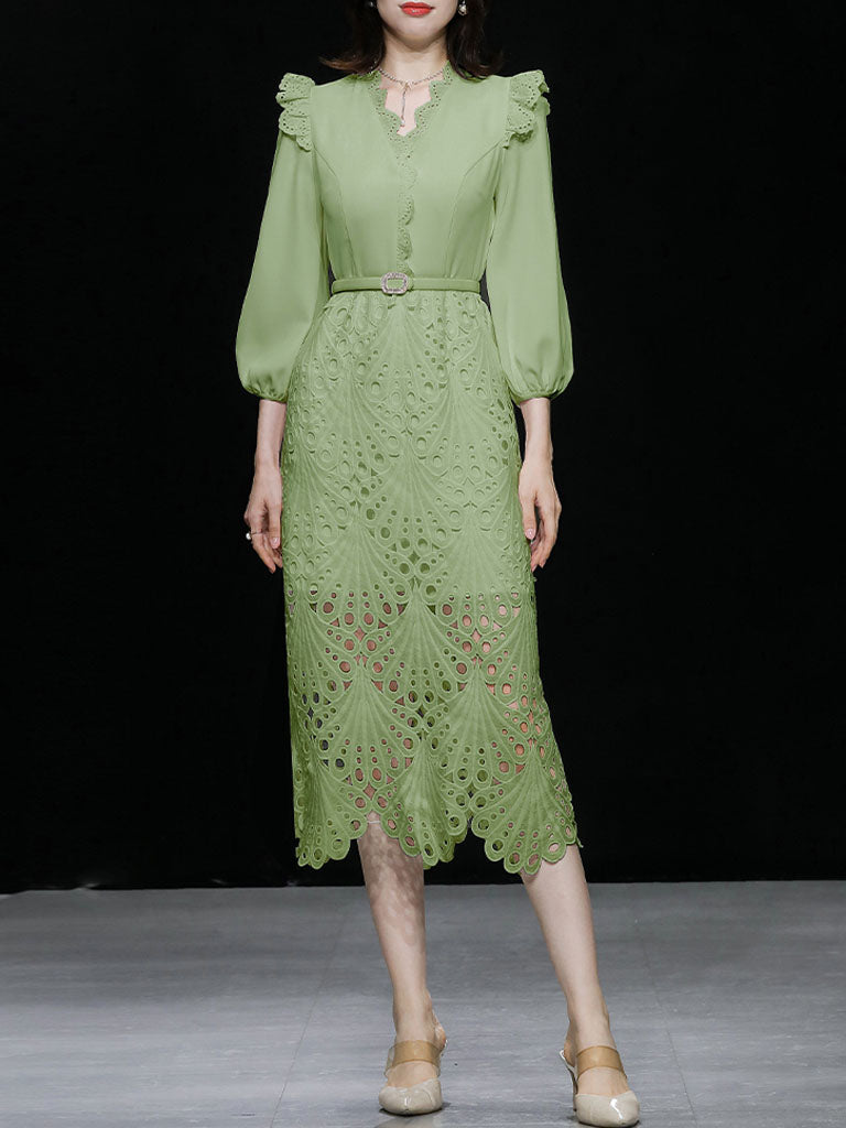 Green V Neck 3/4 Sleeve Lace 1960S Dress  Jolly Vintage