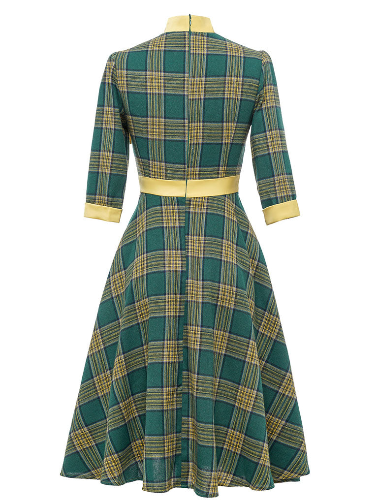 Green And Yellow Plaid 3/4 Sleeve 1950S Cotton Vintage Dress With Tie Collar Green / 2XL Green And Yellow Plaid 3/4 Sleeve 1950S Cotton Vintage Dress With Tie Collar Green / 2XL