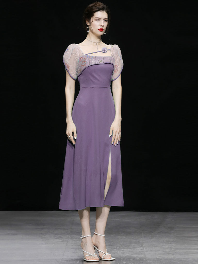 Lavender Flower Split 1950s Vintage Dress, Lavender / L