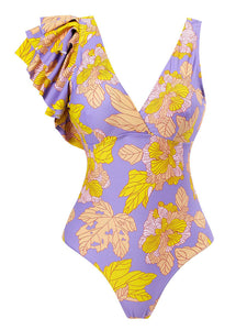 Purple Leaf Print V Neck One Piece With Bathing Suit Wrap Skirt