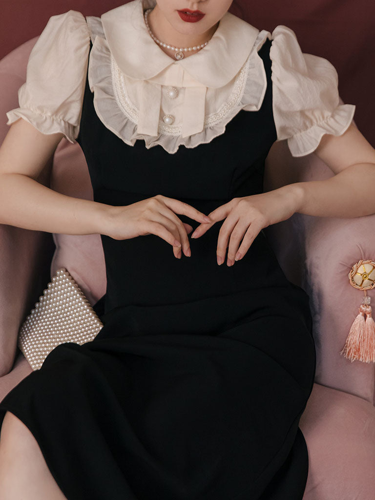Black Peter Pan Ruffles Puff Sleeve Audrey Hepburn 1950S Dress, Black / S Black Peter Pan Ruffles Puff Sleeve Audrey Hepburn 1950S Dress, Black / S