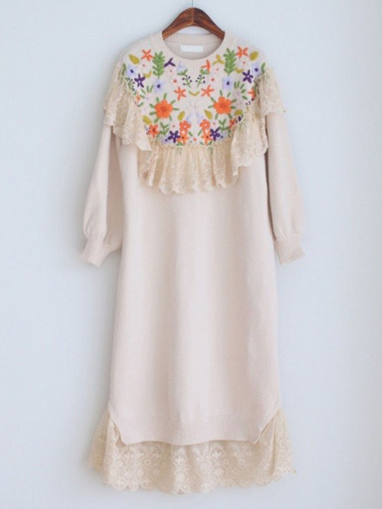 Embroidered Flower Puff Sleeve Vintage Knitting Sweater Dress, Apricot / One Size