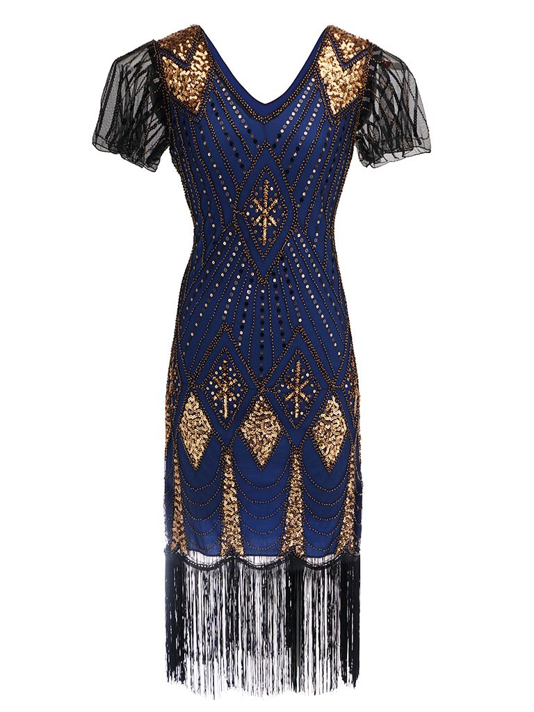 navy blue flapper dress Navy 1920s V Neck Sequined Flapper Dress, Navy / S