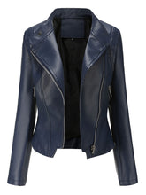 Load image into Gallery viewer, Navy Long Sleeve PU Leather Motorcycle Jacket