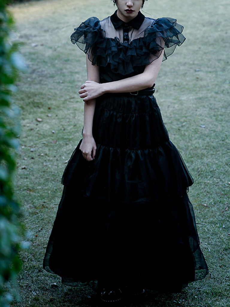 Black Ruffles Gothic Style Organza Vintage Dress Wednesday Dress With Belt For Kid, Black / 4 Years