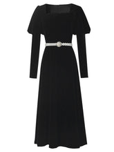 Load image into Gallery viewer, Black Square Collar Puff Long Sleeve  Vintage Velvet Dress