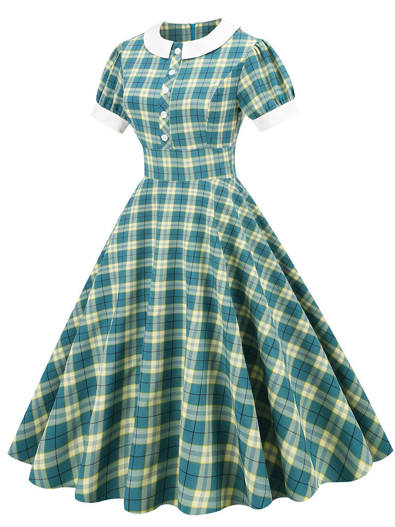 green plaid dress with white collar Peter Pan Hepburn Style Puff Short Sleeved Elegant – Jolly Vintage RCT-Joana-202427