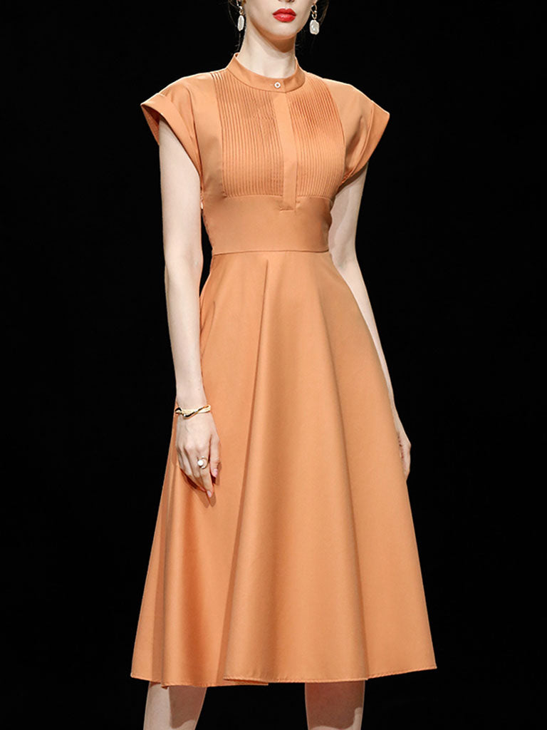 Orange Pleated Cap Sleeve Audrey Hepburn Style 50s Dress, Orange / L, image size:768x1024