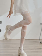 Load image into Gallery viewer, Solid Color White Lace Bow Sheer Thigh High Stockings