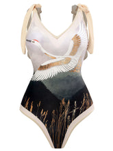Load image into Gallery viewer, Cranes Bird Print Retro Style V Neck One Piece With Bathing Suit Wrap Skirt