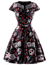 Load image into Gallery viewer, Halloween Red Skull Printed V Neck Vintage Dress
