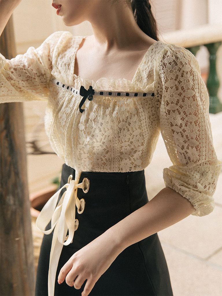 2PS White Lace Top And Black Skrit Dress Suit 2PS White Lace Top And Black Skrit Dress Suit