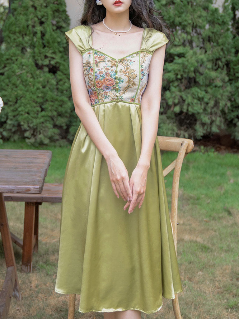 Green Rose Floral Off Shoulder 1950S Vintage Dress, Green / S Green Rose Floral Off Shoulder 1950S Vintage Dress, Green / S