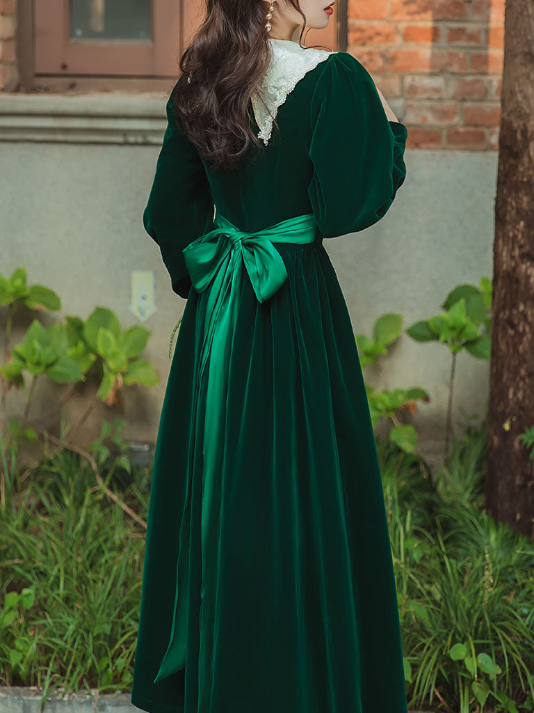Emerald Green Flower Lace Velvet Long Sleeve Vintage Dress Jolly Vintage Emerald Green Flower Lace Velvet Long Sleeve Vintage Dress Jolly Vintage