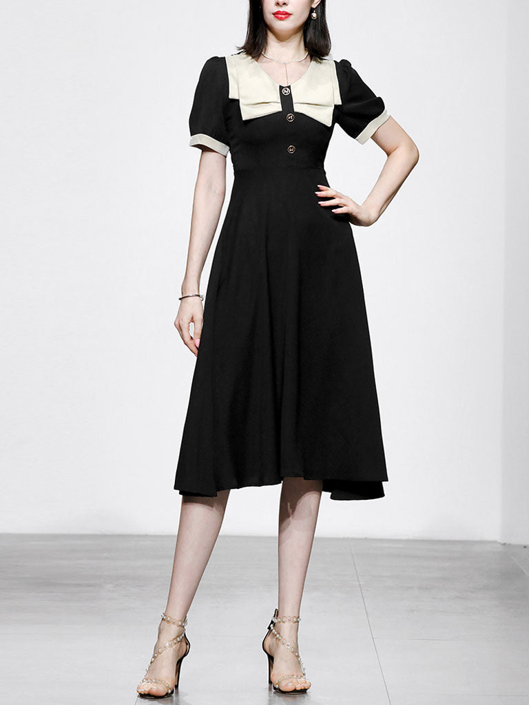 Black Dress With White Bow Collar Vintage 1950S Hepburn Style Outfits Vintage Dress, Black / XS