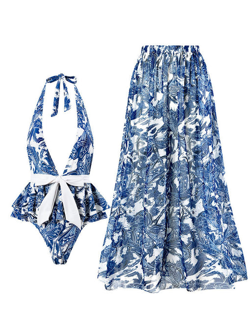 Blue Dragonfly Print V Neck One Piece With Bathing Suit Swing Skirt